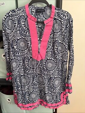 Girls' Navy Floral Tunic Dress with Pink Trim